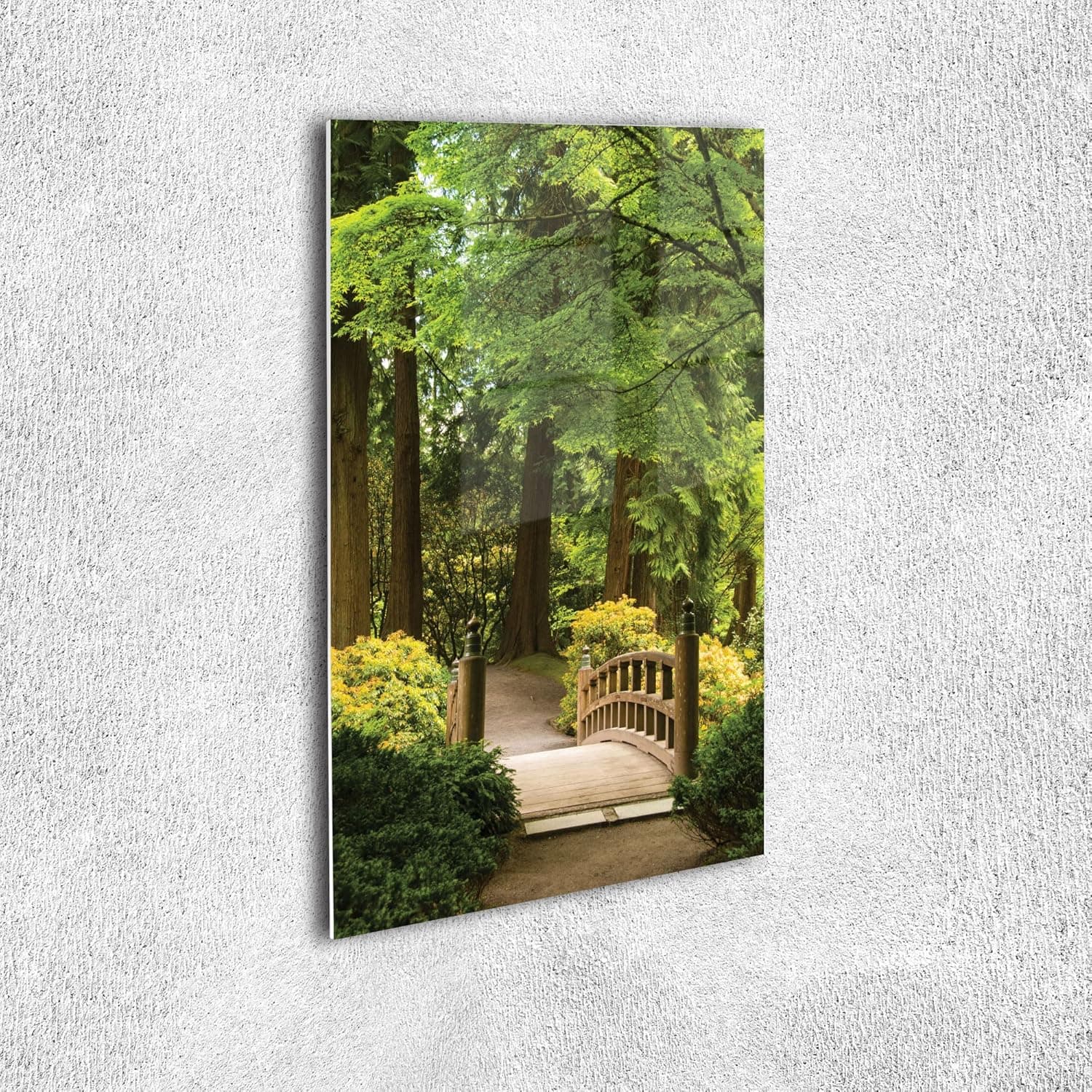 Ambesonne Japanese Acrylic Glass Wall Art, Wooden Bridge over Pond in Garden Calmness in Shadow of Trees Serenity in Nature, Decorative Accent for Living Room Bedroom & Dorms, 19" x 26", Green Brown