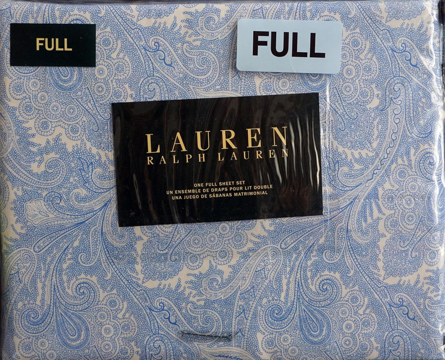 Ralph Lauren 4 Piece Full Sheet Set Blue Paisley Pattern on White