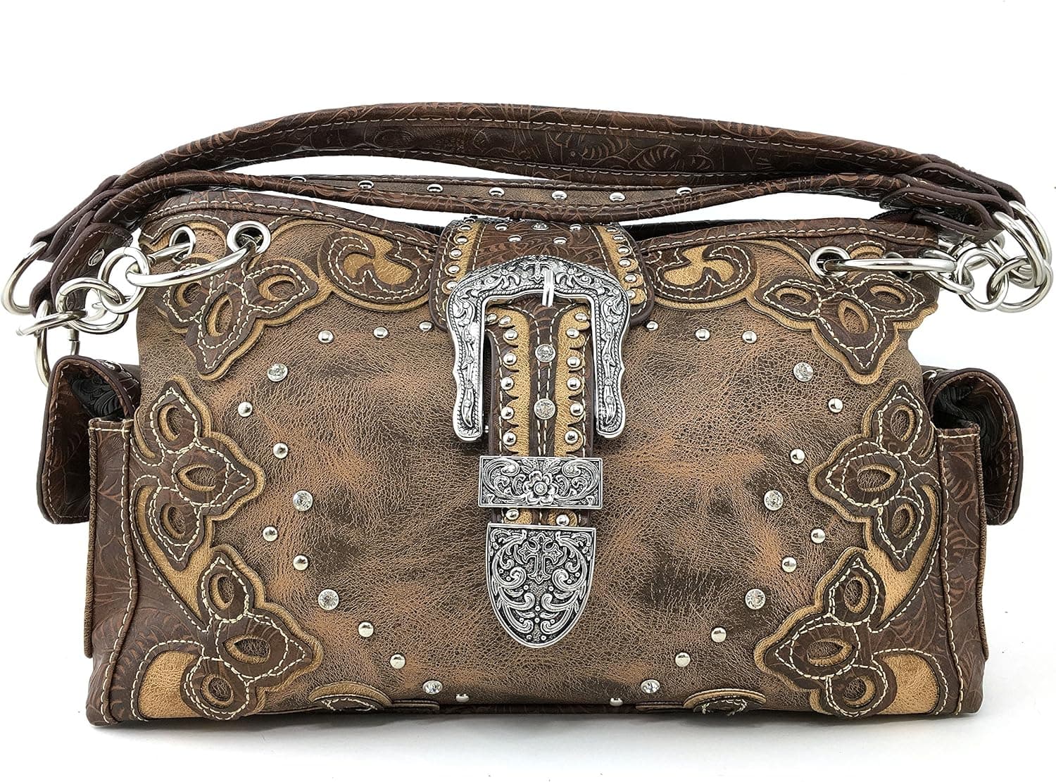 Justin West Western Brown Purse Floral Buckle Concealed Carry Handbag