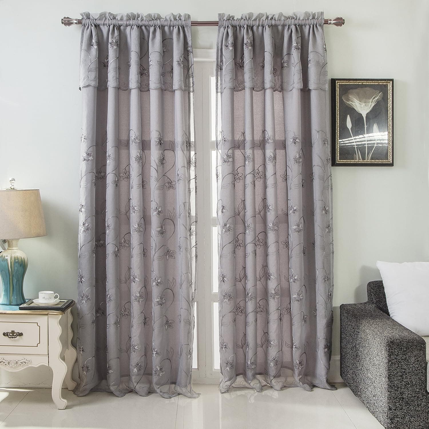 RT Designers Collection, Silver Brett Floral Embroidered 54 x 84 in. Rod Pocket Single Curtain Panel w/Attached Valance, 54" x 84"
