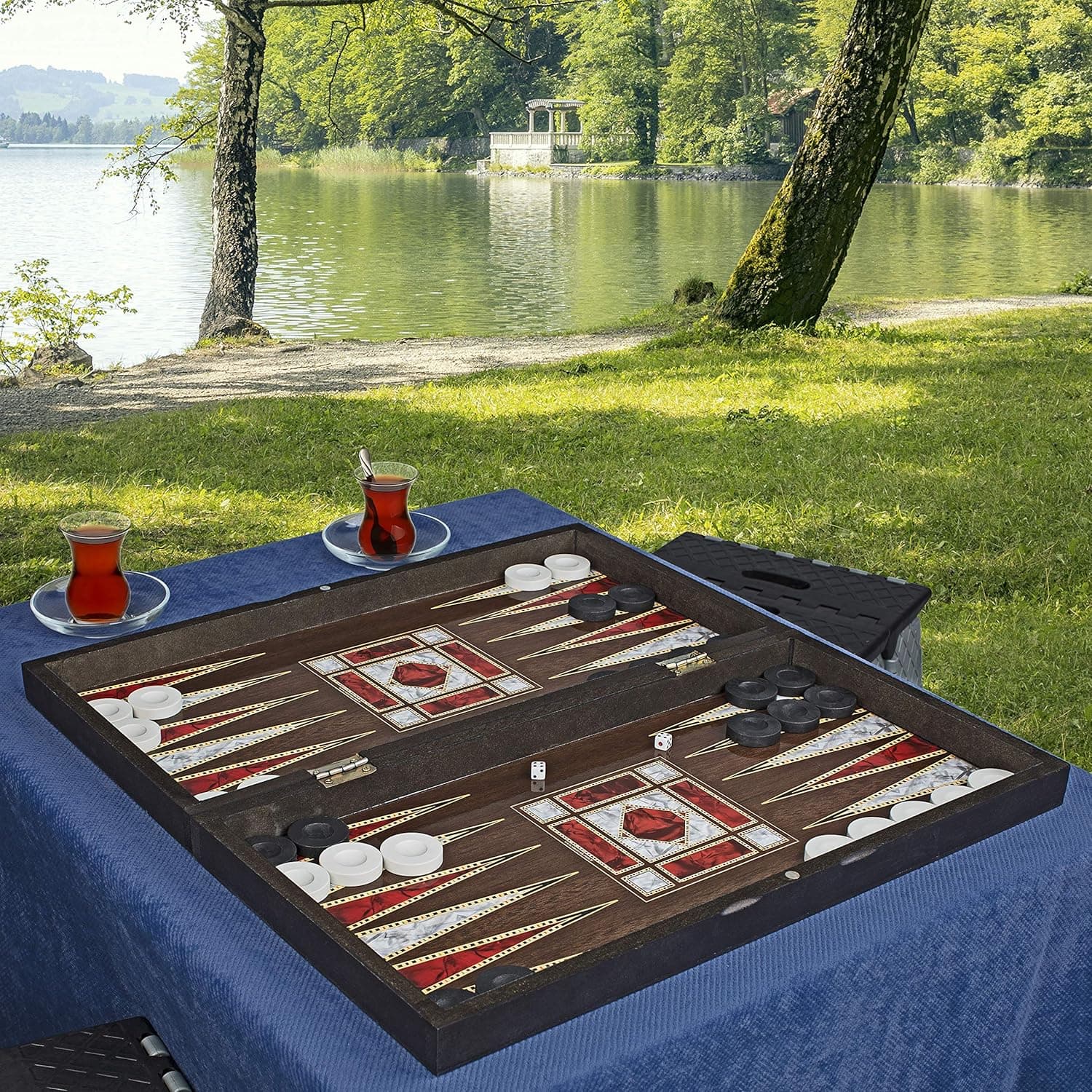 LaModaHome Star Turkish Platinum Backgammon Set, Radiant Cellophane, Elite Vinyl Wooden Classical Design, Board Game Tavla, Unscratchable, Magnetic Closing Mechanism, King Size Adults Kids, Café